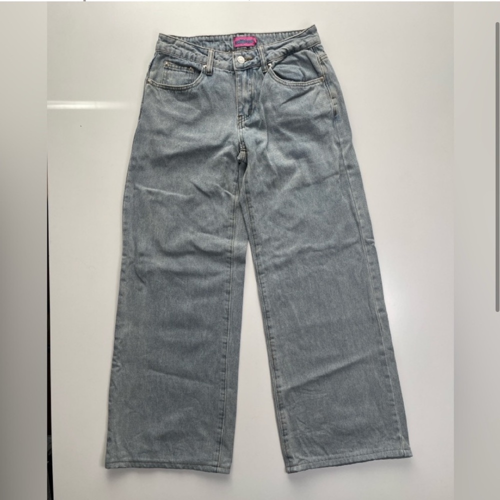 EDIKTED Wide Leg Jeans Womens XS (25x27.5) Blue Denim Light Wash Mid Straight